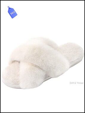 Faux Rabbit Fur Fuzzy Open Toe Cross Band Memory Foam Slippers